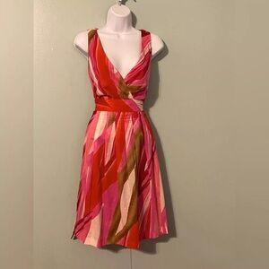 Dressbarn Red and Pink Pleated Midi Dress V-Neck Sleeveless